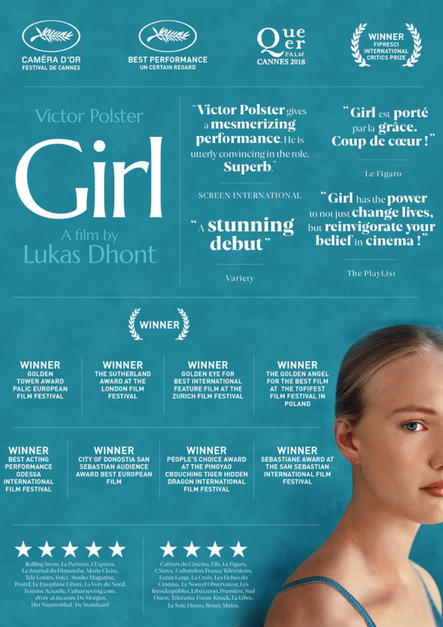 Blauwe poster met in grote witte letters 'Girl' linksboven. Op de poster staan lovende commentaren en de prijzen die de film in de wacht gesleept heeft, alsook een foto van Lara.