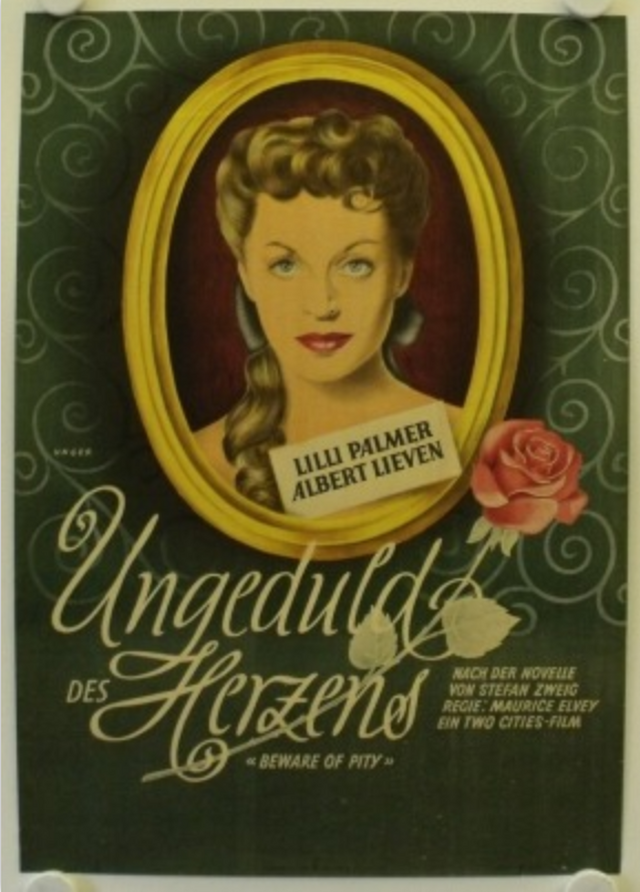 Book cover of ‘Beware of Pity’. On a green background, a young woman is pictured in a golden frame. Underneath the frame there is a rose and the German title ‘Ungeduld des Herzens’.