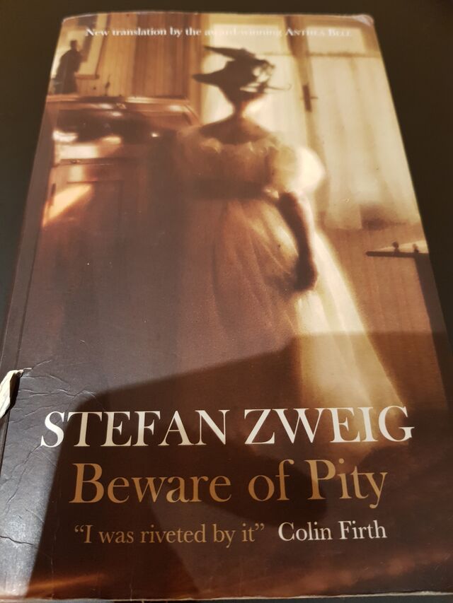 Cover van het boek 'Beware of Pity'. Een vrouw staat gekleed in een extravagante zwarte hoed en een witte baljurk tegen een houten kast geleund.