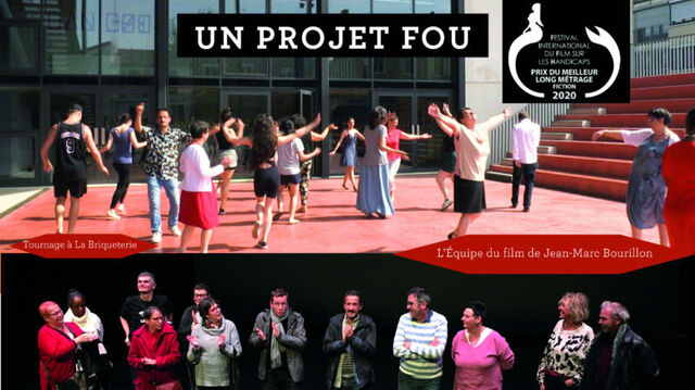 Poster divided in two parts. In the top part we see a group of people dancing on a big stage. In the bottom part the group is lined up on a stage, applauding for themselves.