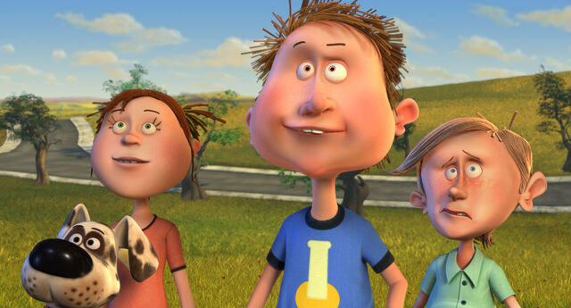 Viktor, Braadworst en twee vrienden van Viktor staan buiten in een veld. Ze kijken omhoog.