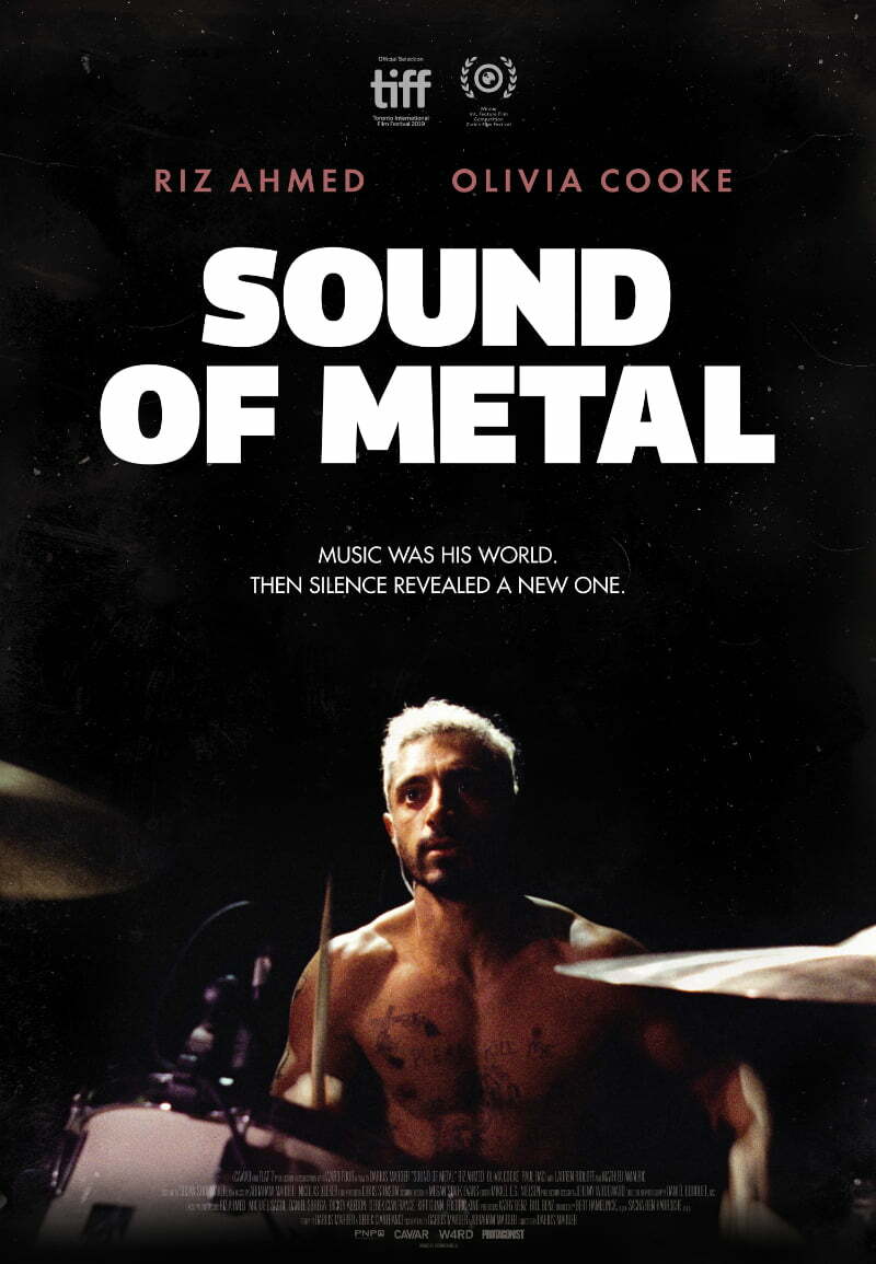 Ruben is sitting behind his drums bare-chested. The top of the poster reads 'the sound of metal' in white letters, against a black background.