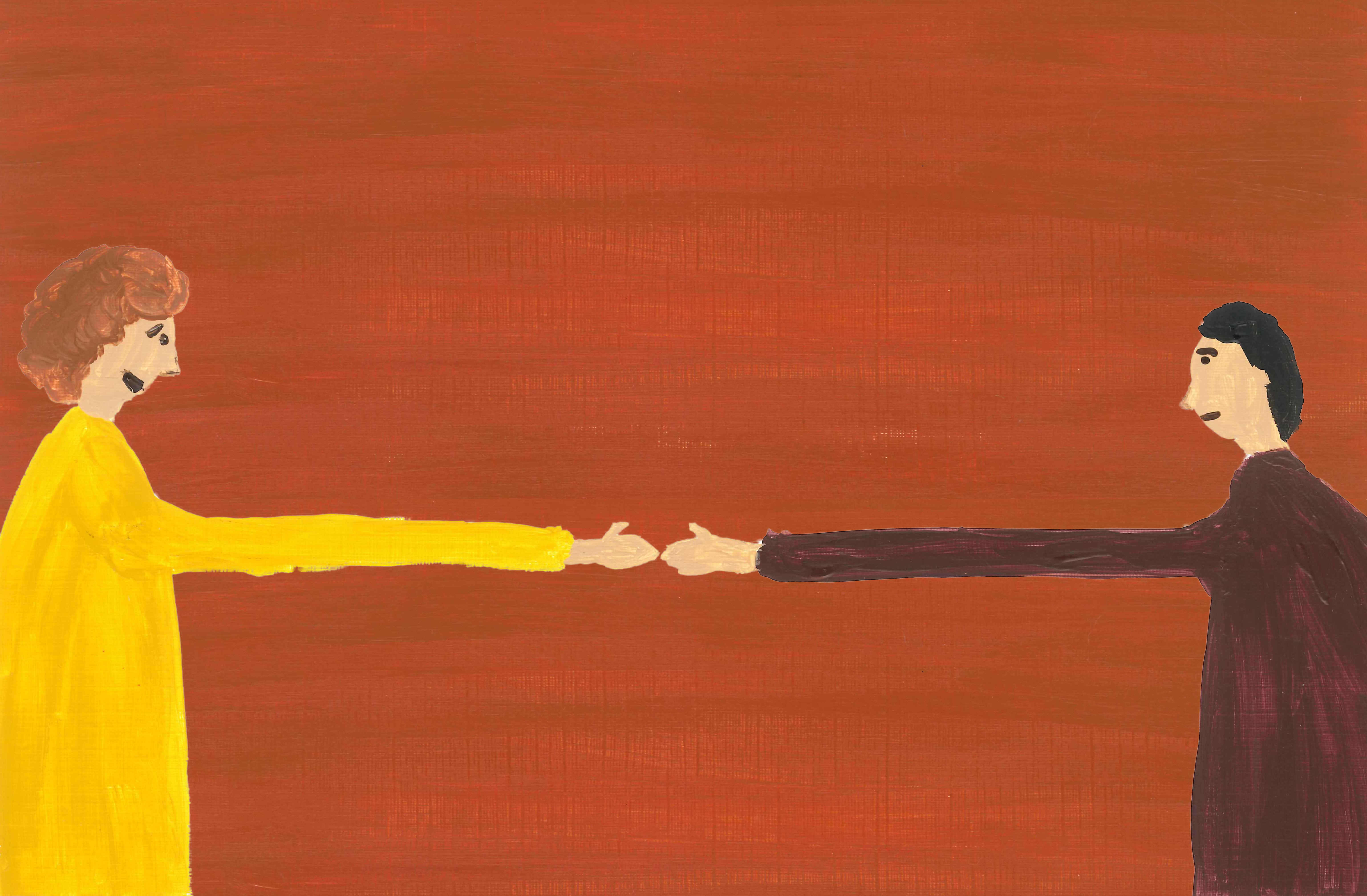 Twee geschilderde figuren reiken elkaar de hand op een oranje achtergrond