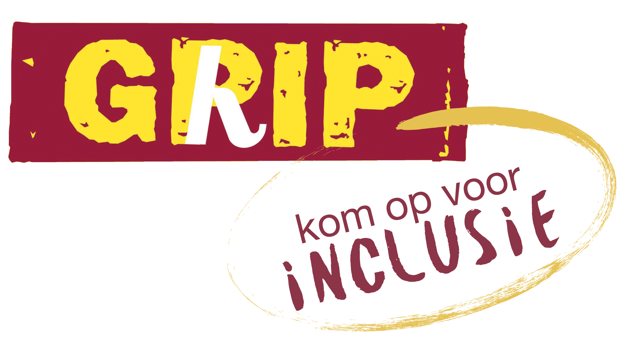 Logo van GRIP: GRIP staat in gele letters op een rode achtergrond en daaronder staat in een gele cirkel "kom op voor inclusie"